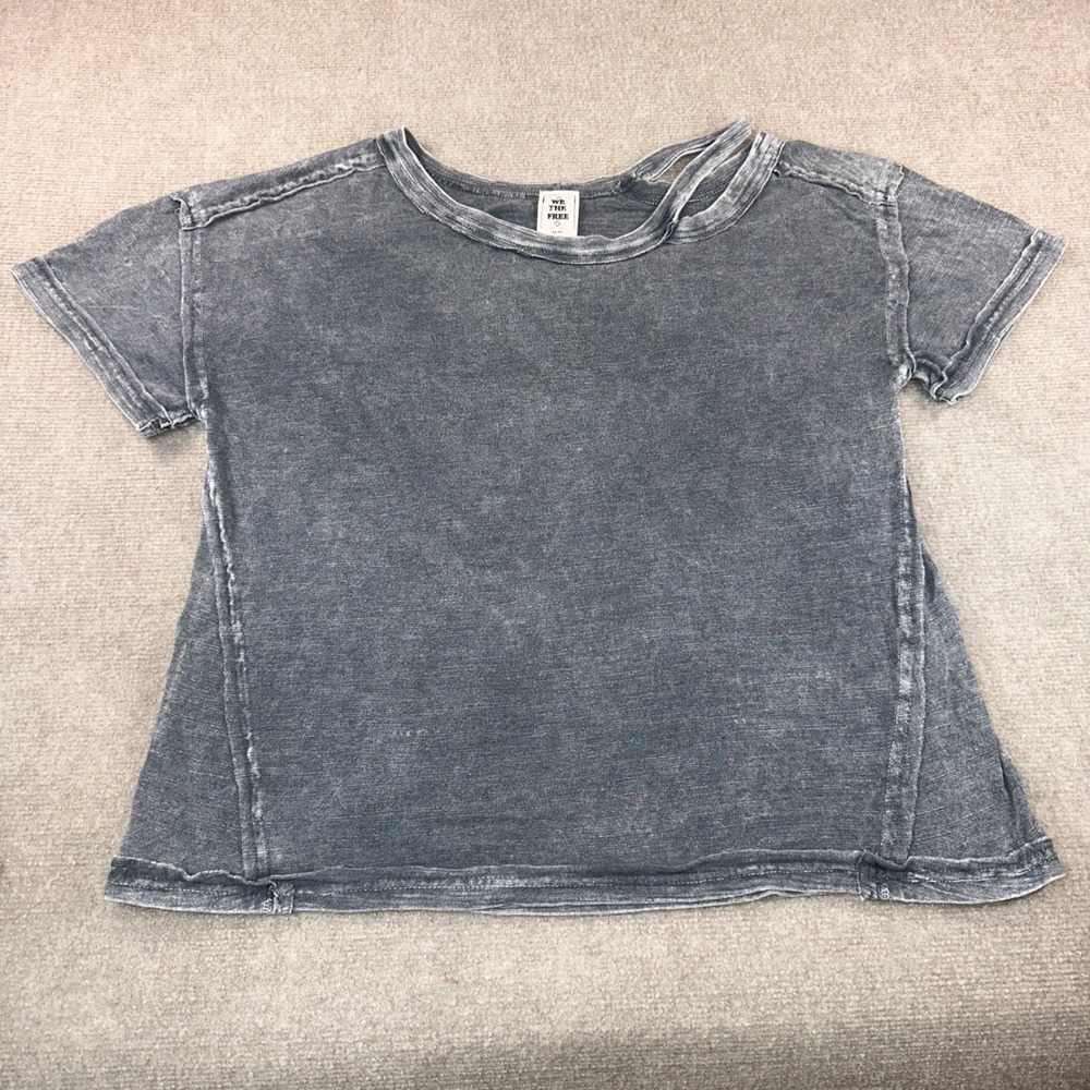 We The Free Free People Gray Acid Wash Cutout Neck T-Shirt XS Boho Seam Detail